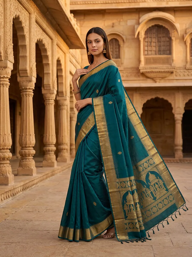 AI-generated Silk Saree on model, produced from a single product photo in moments